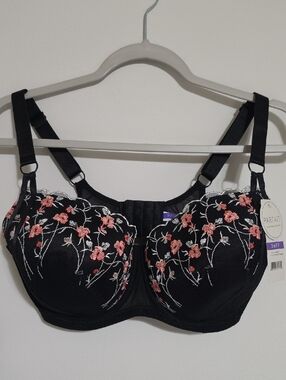 Parfail Bra Black 36FF  Embroidered Underwire Bra with Pink Floral Detail